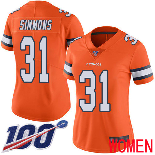 Women Denver Broncos #31 Justin Simmons Limited Orange Rush Vapor Untouchable 100th Season Football NFL Jersey